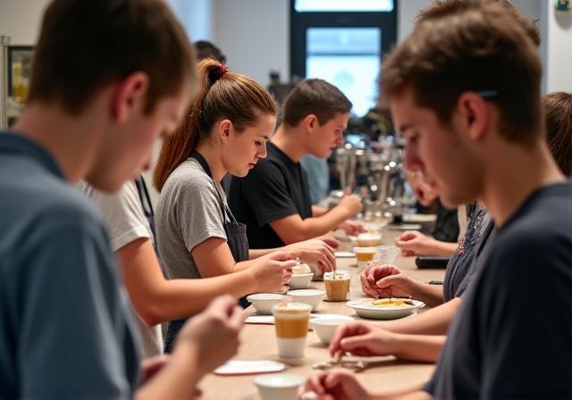 A group of people learning to make latte art in a workshop.