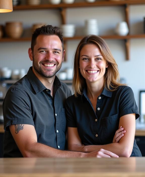 The founders of The Oracle Roast smiling behind the counter.