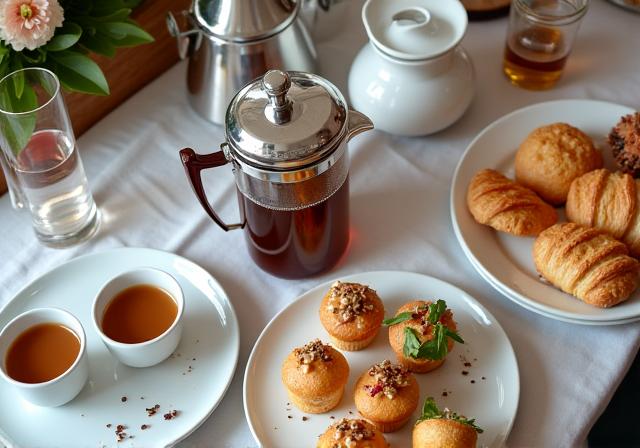 A table spread with coffee carafes and pastries for a catered event.