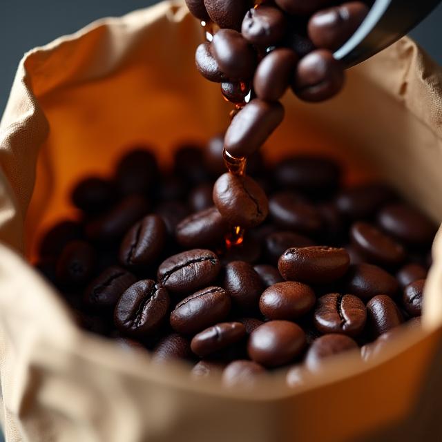Freshly roasted coffee beans being poured into a bag.