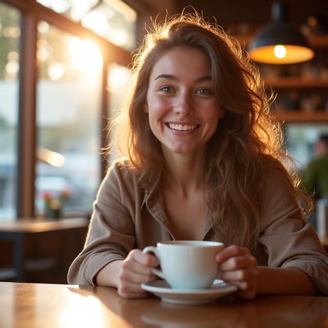 A customer smiling while enjoying a coffee in the sunlit cafe.