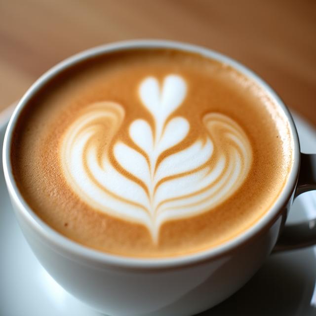 A close-up of intricate latte art in a ceramic mug.