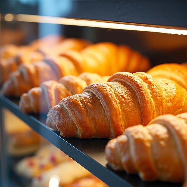 A glass display case filled with freshly-baked croissants and pastries.